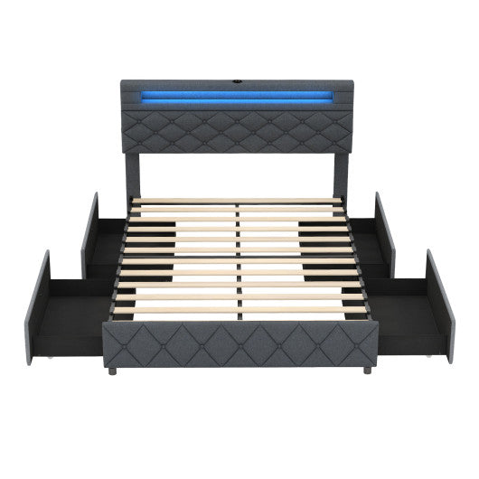 Full/Queen Size Bed Frame with Adjustable Storage Headboard and Wooden Slat Support-Full