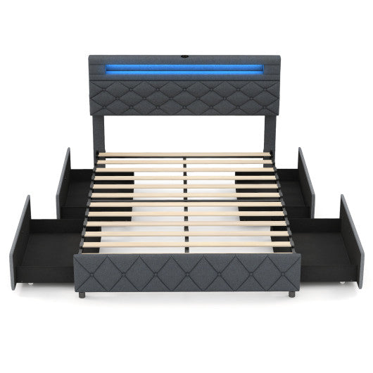 Full/Queen Size Bed Frame with Adjustable Storage Headboard and Wooden Slat Support-Full