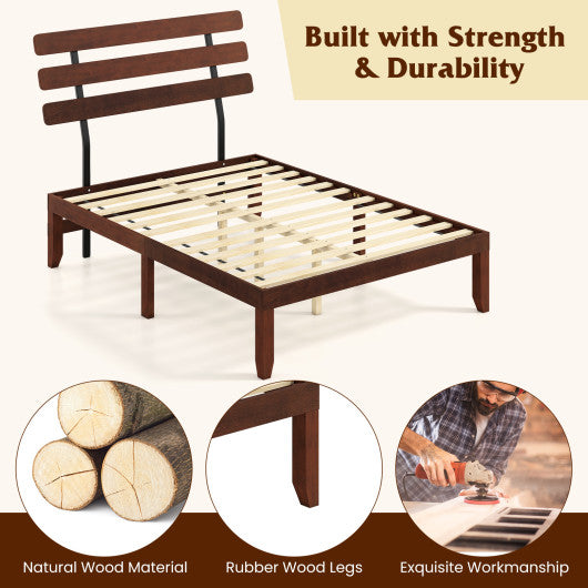 Twin/Full/Queen Size Bed Frame Mid-Century Acacia Wood Platform Bed with Headboard-Queen Size