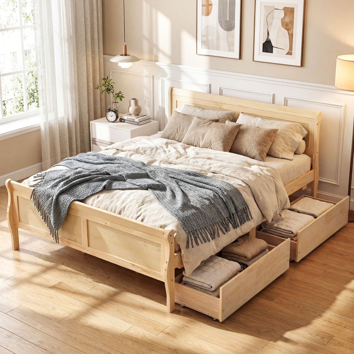 Full Size Bed Frame with 2 Storage Drawers and Footboard for Kids Teens Adults-Natural