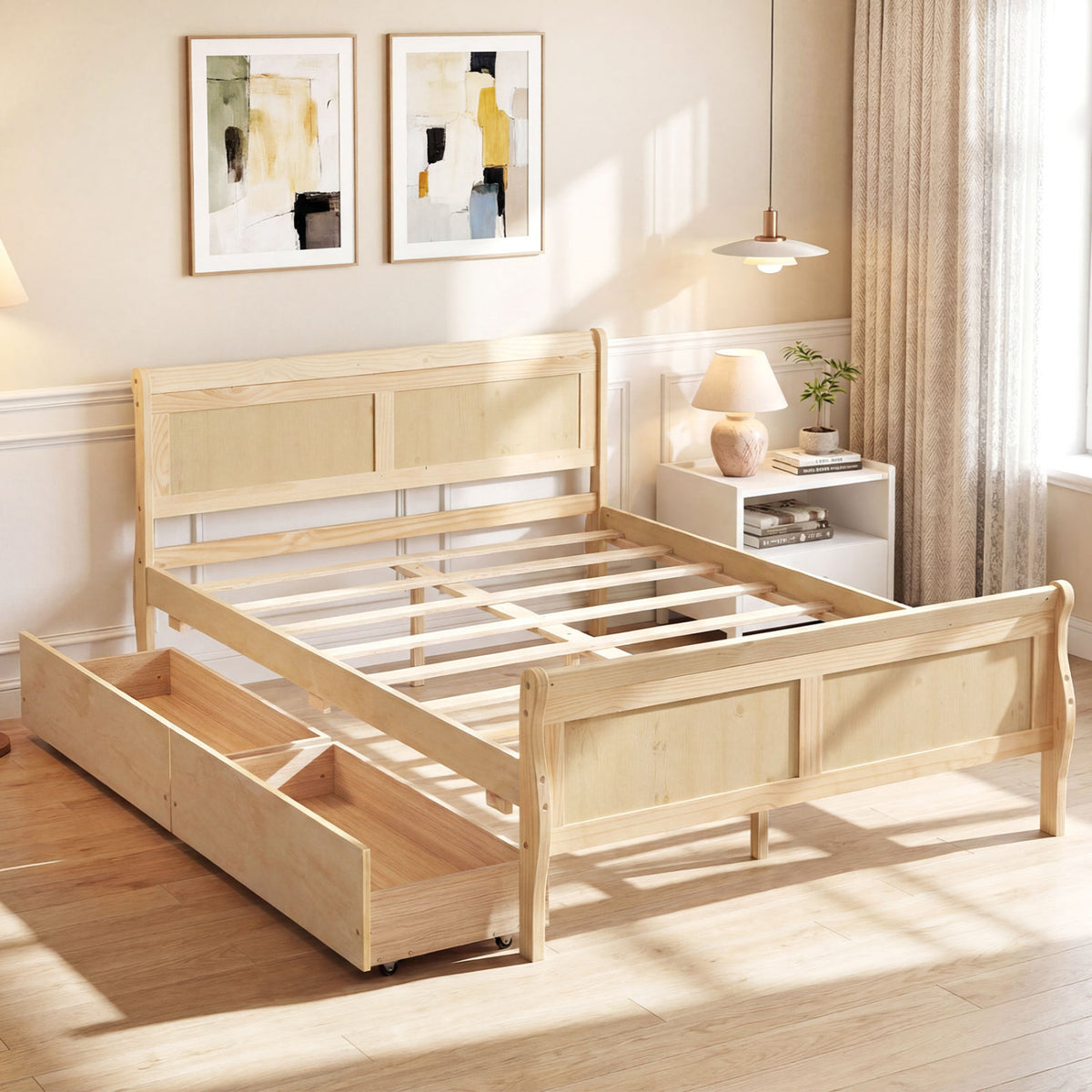 Full Size Bed Frame with 2 Storage Drawers and Footboard for Kids Teens Adults-Natural