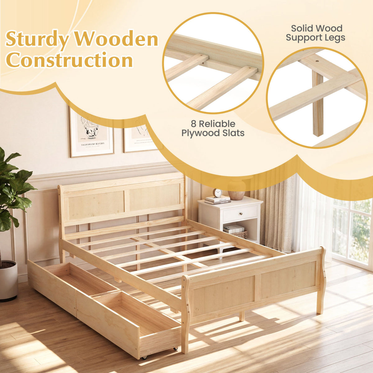 Full Size Bed Frame with 2 Storage Drawers and Footboard for Kids Teens Adults-Natural
