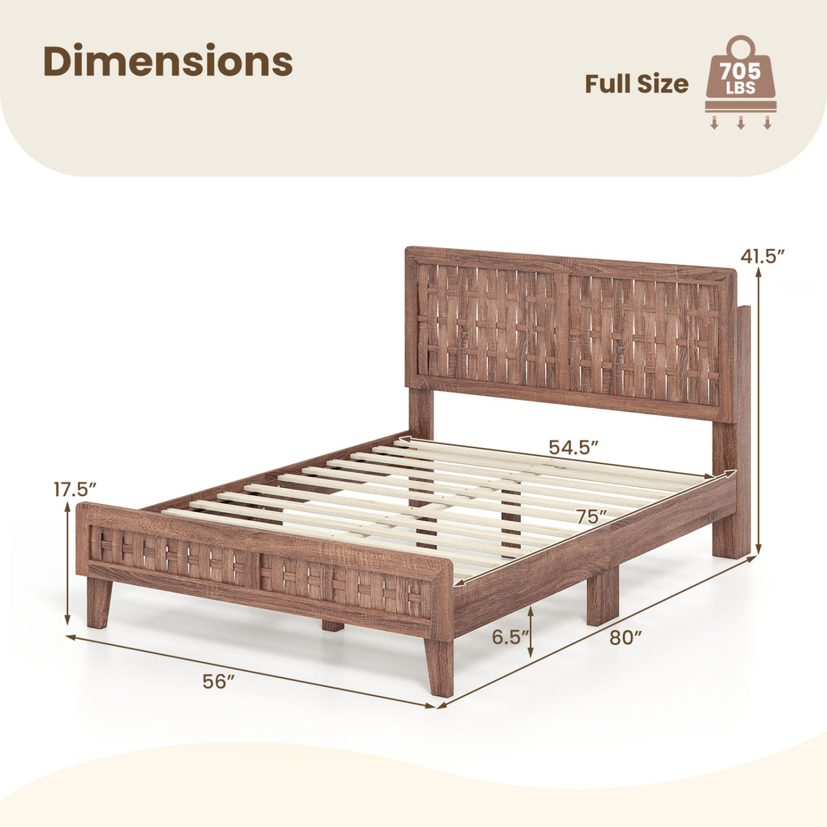 Full Size Bed Frame Mid Century with Woven Accent Headboard