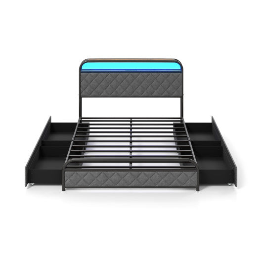 Twin/Full/Queen Size Bed Frame with LED Lights and Charging Station-Full Size