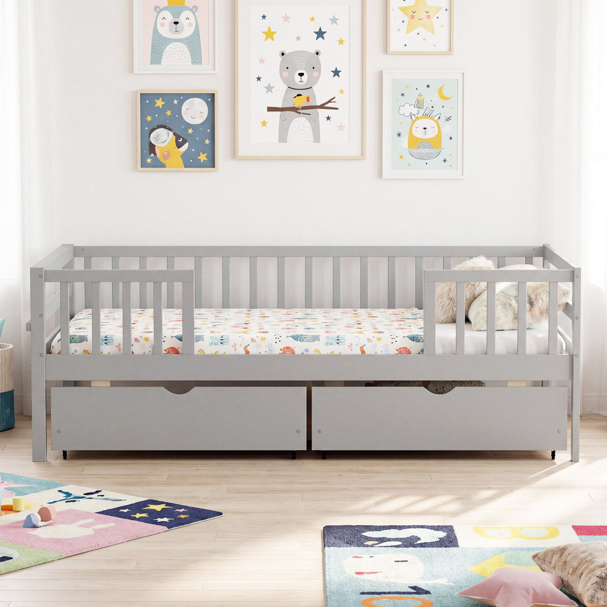 Full Size Daybed with Fence and 2 Drawers for Boys and Girls-Gray