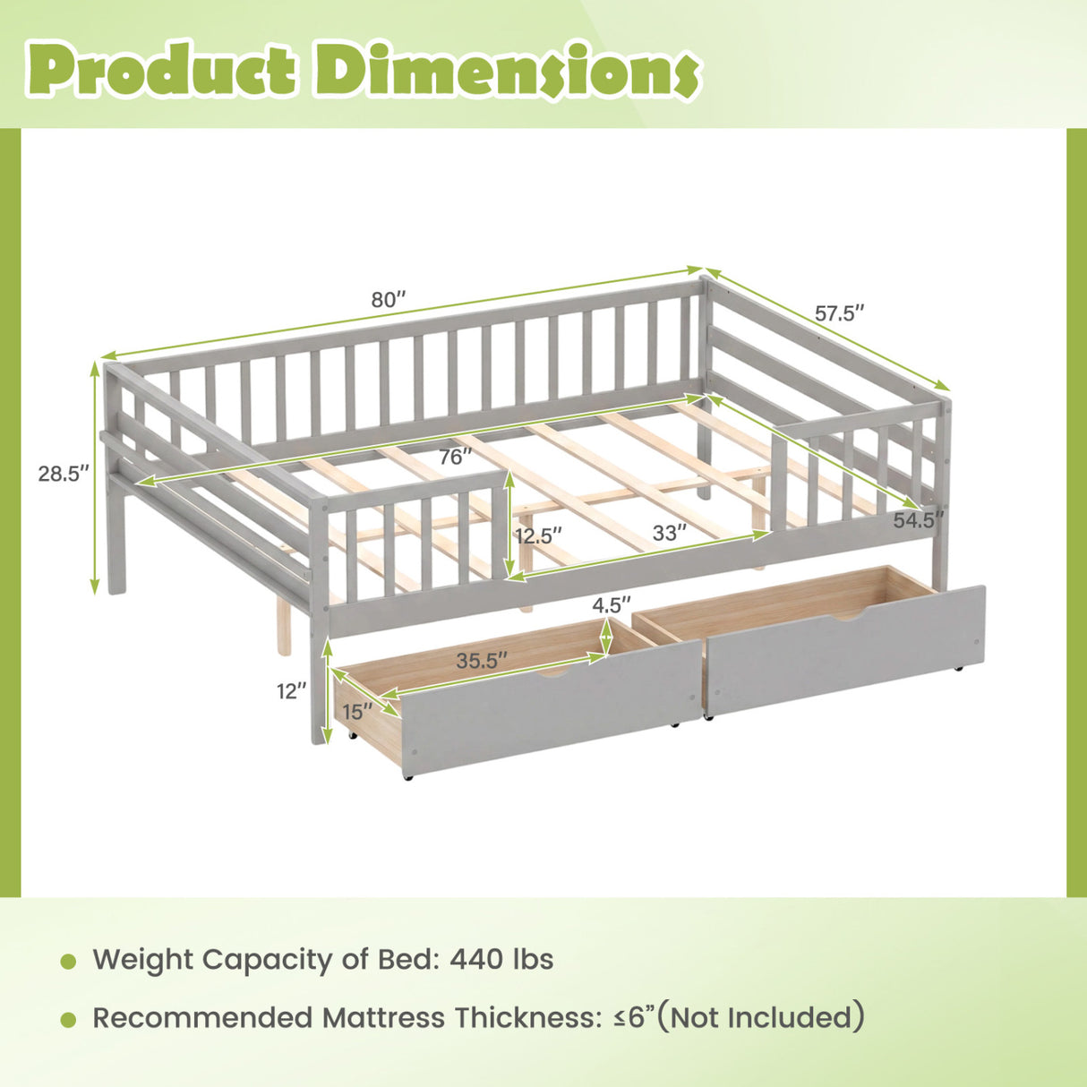 Full Size Daybed with Fence and 2 Drawers for Boys and Girls-Gray
