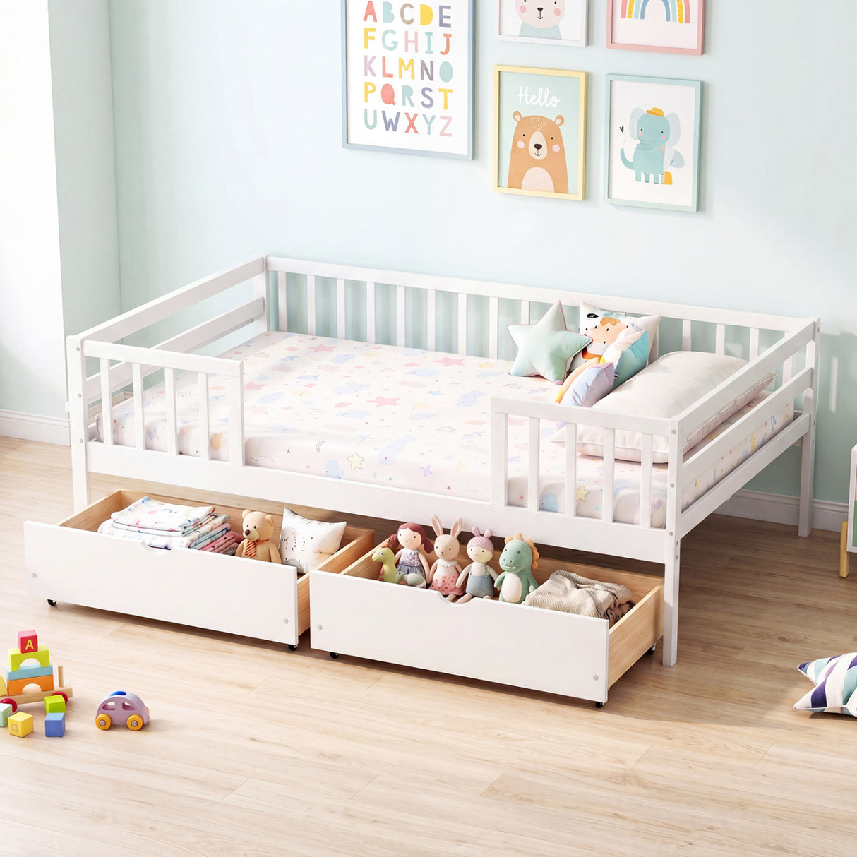 Full Size Daybed with Fence and 2 Drawers for Boys and Girls-White
