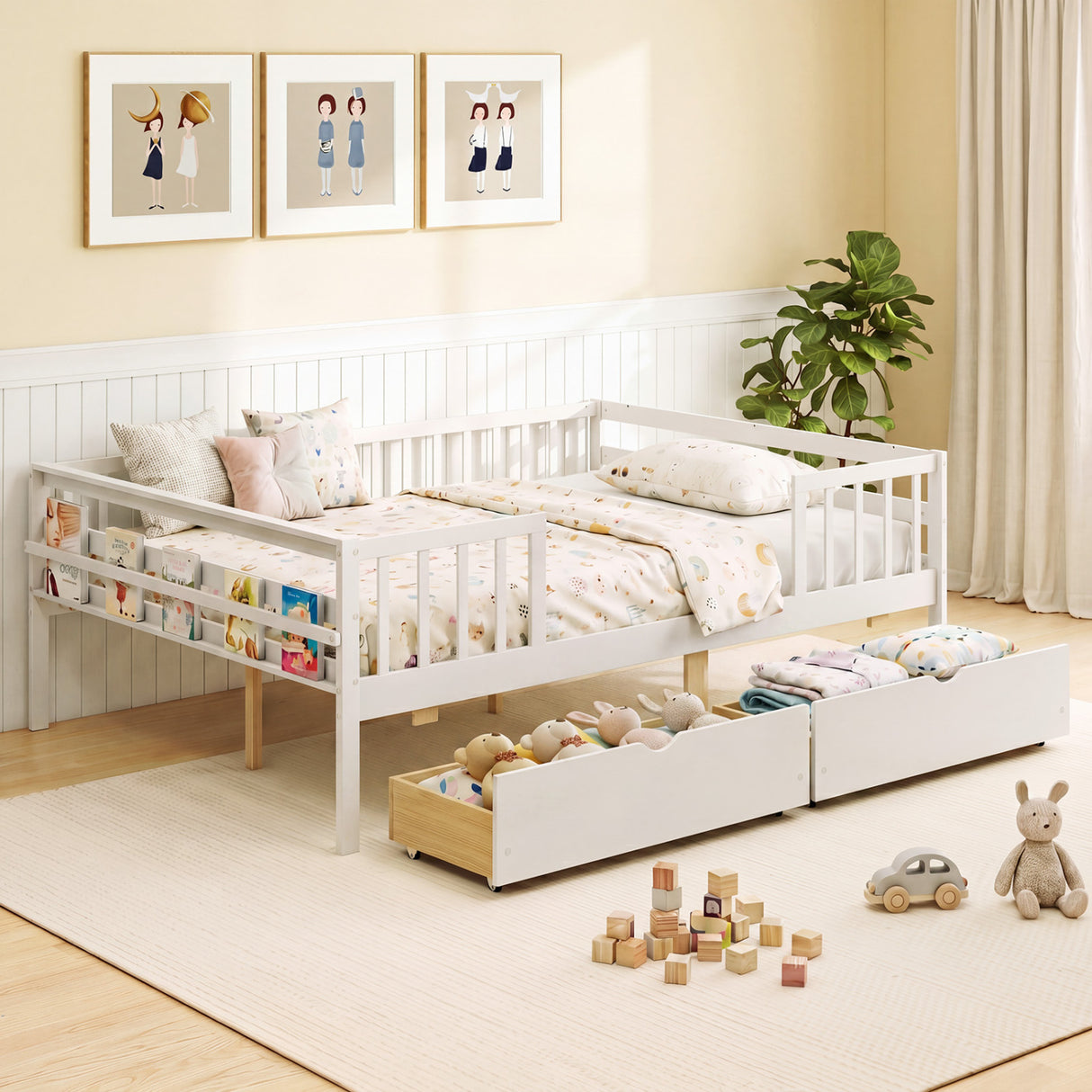 Full Size Daybed with Fence and 2 Drawers for Boys and Girls-White