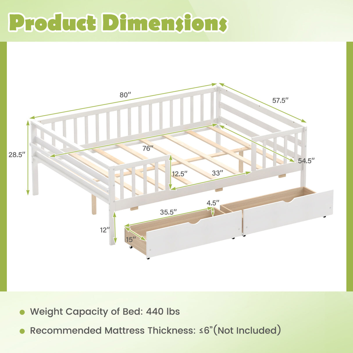 Full Size Daybed with Fence and 2 Drawers for Boys and Girls-White