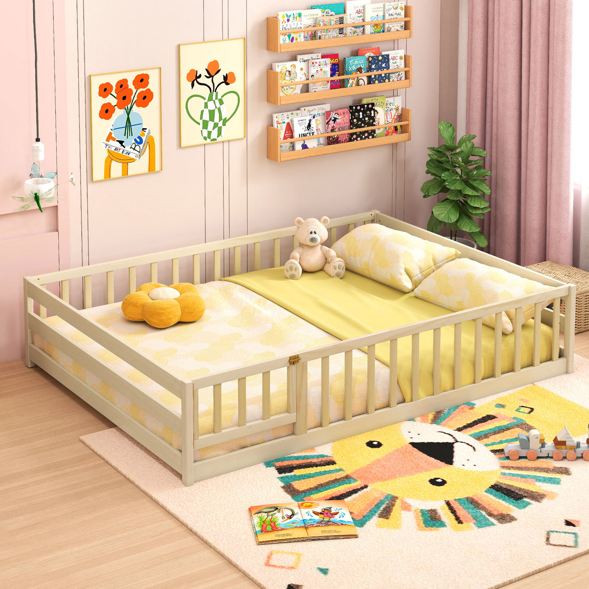 Full Size Floor Bed with Full Length Safety Guardrails-Natural