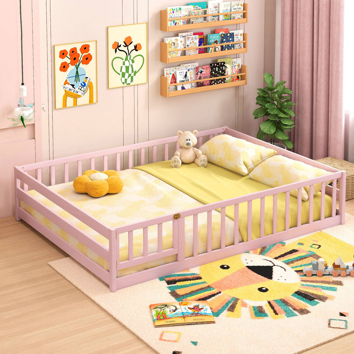 Full Size Floor Bed with Full Length Safety Guardrails-Pink