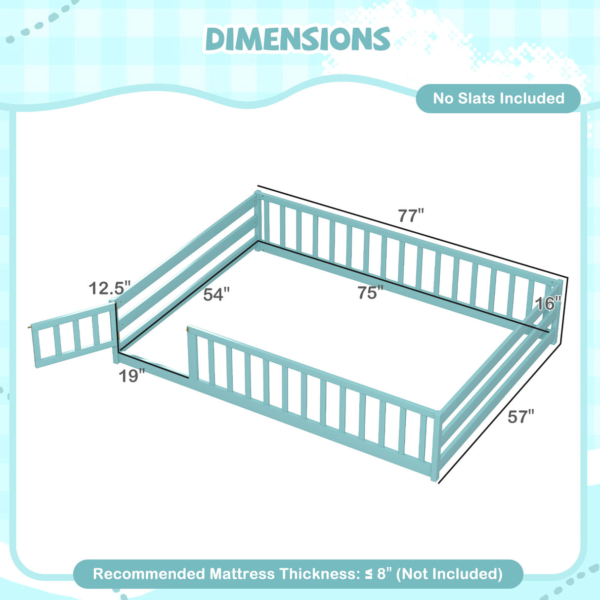 Full Size Floor Bed with Full Length Safety Guardrails-Dark Green