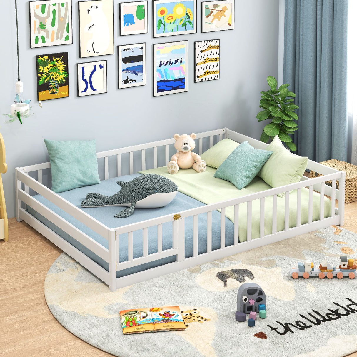 Full Size Floor Bed with Full Length Safety Guardrails-White