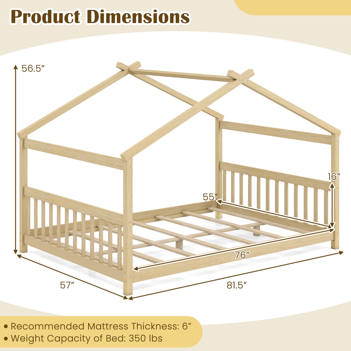 Full Size House Bed Montessori Floor Bed with Headboard-Natural