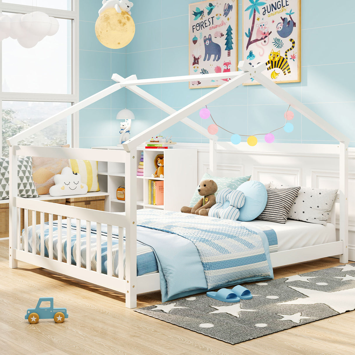 Full Size House Bed Montessori Floor Bed with Headboard-White