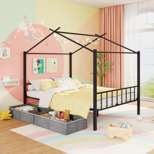 Full Size Metal House Bed with 2 Fabric Drawers for Kids-Black