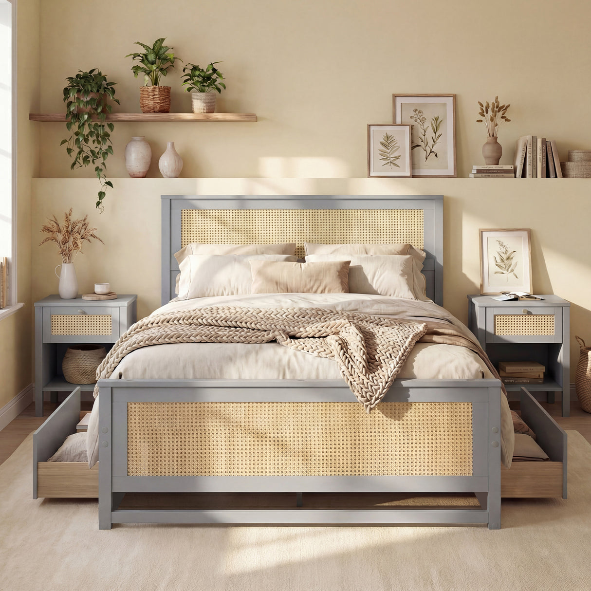 Full Size Rattan Bed Frame with Storage Drawers-Gray
