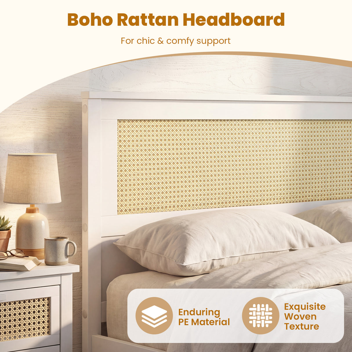 Full Size Rattan Bed Frame with Storage Drawers-White