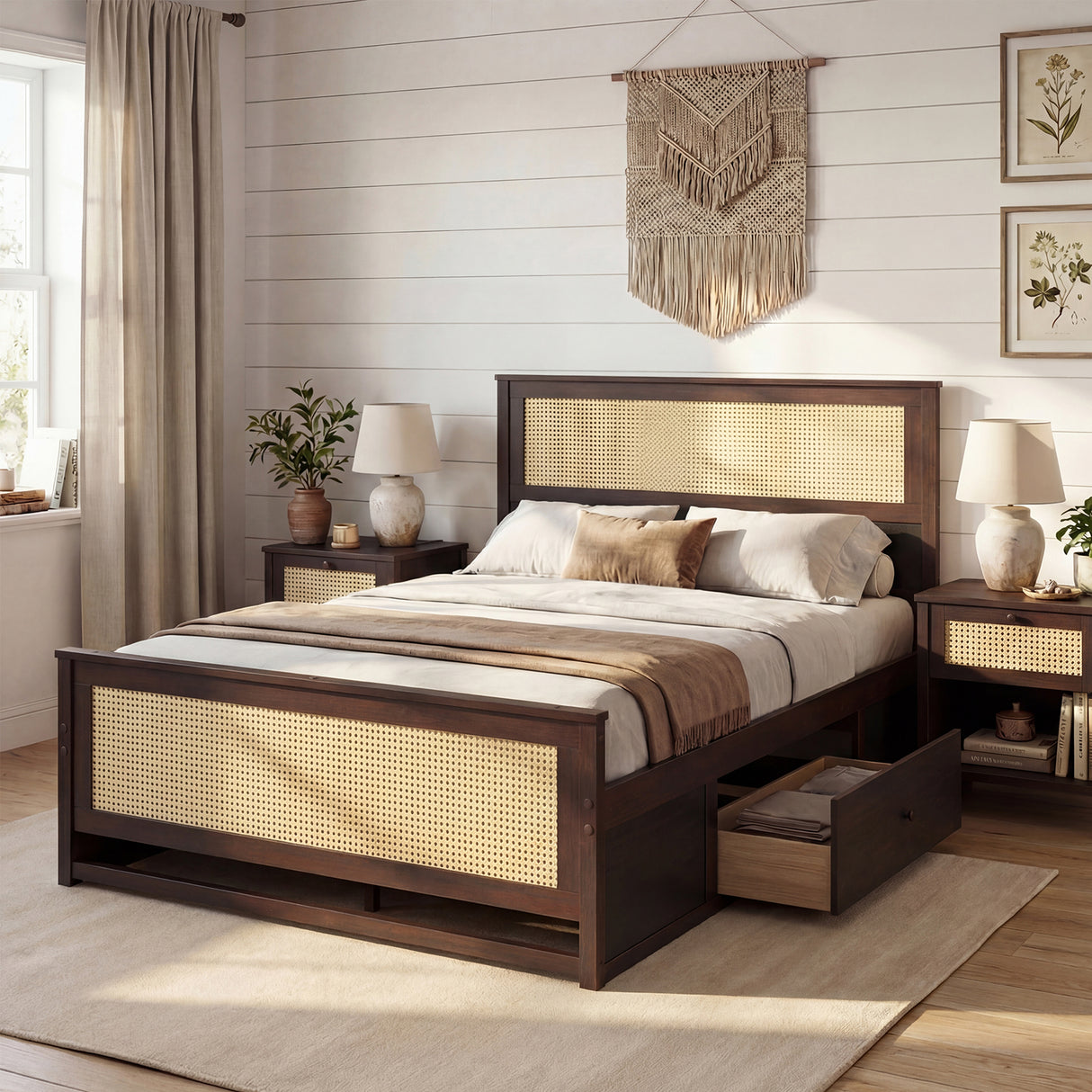 Full Size Rattan Bed Frame with Storage Drawers-Rustic Brown