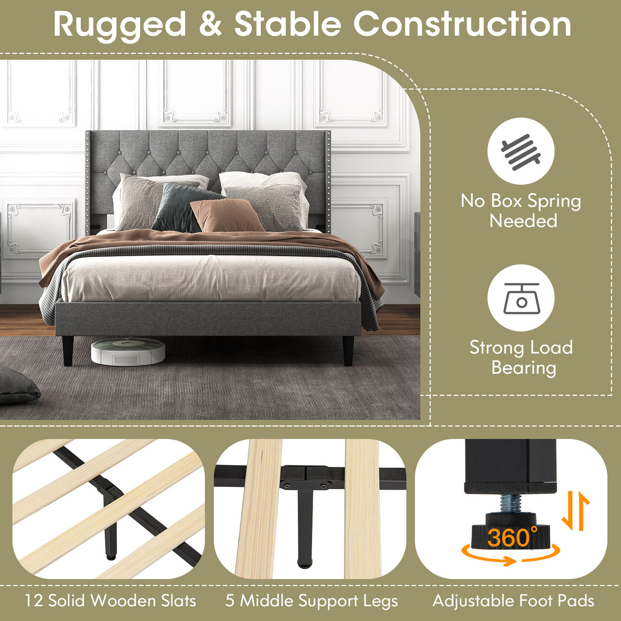 Full/Queen Size Upholstered Platform Bed with Button Tufted Headboard-Full Size