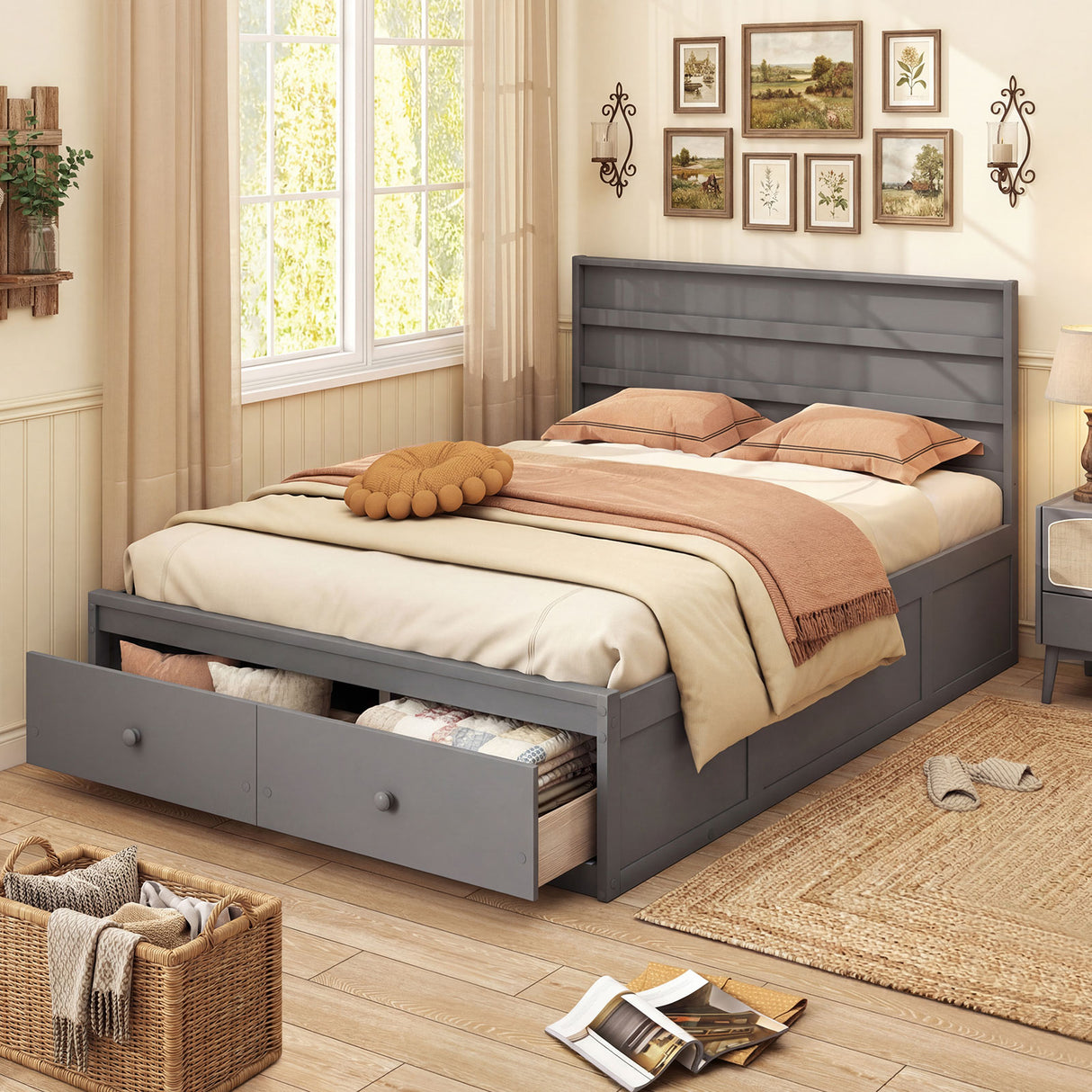 Full Size Wooden Platform Bed Frame with Storage Drawers-Gray
