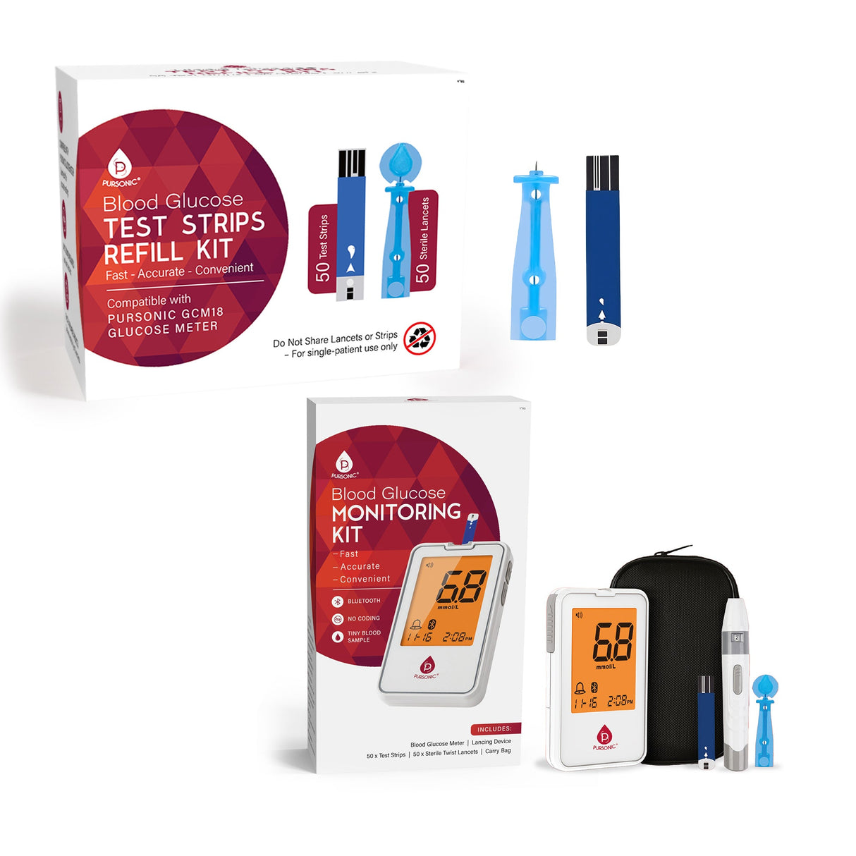 Pursonic Blood Glucose Monitoring Bundle – Glucose Meter with Bluetooth + 50 Test Strips + 50 Sterile Lancets by Pursonic