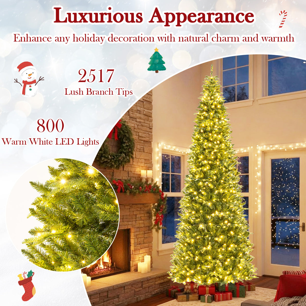 12 Feet Tall Prelit Hinged Artificial Christmas Tree with 2517 PVC PE Branch Tips