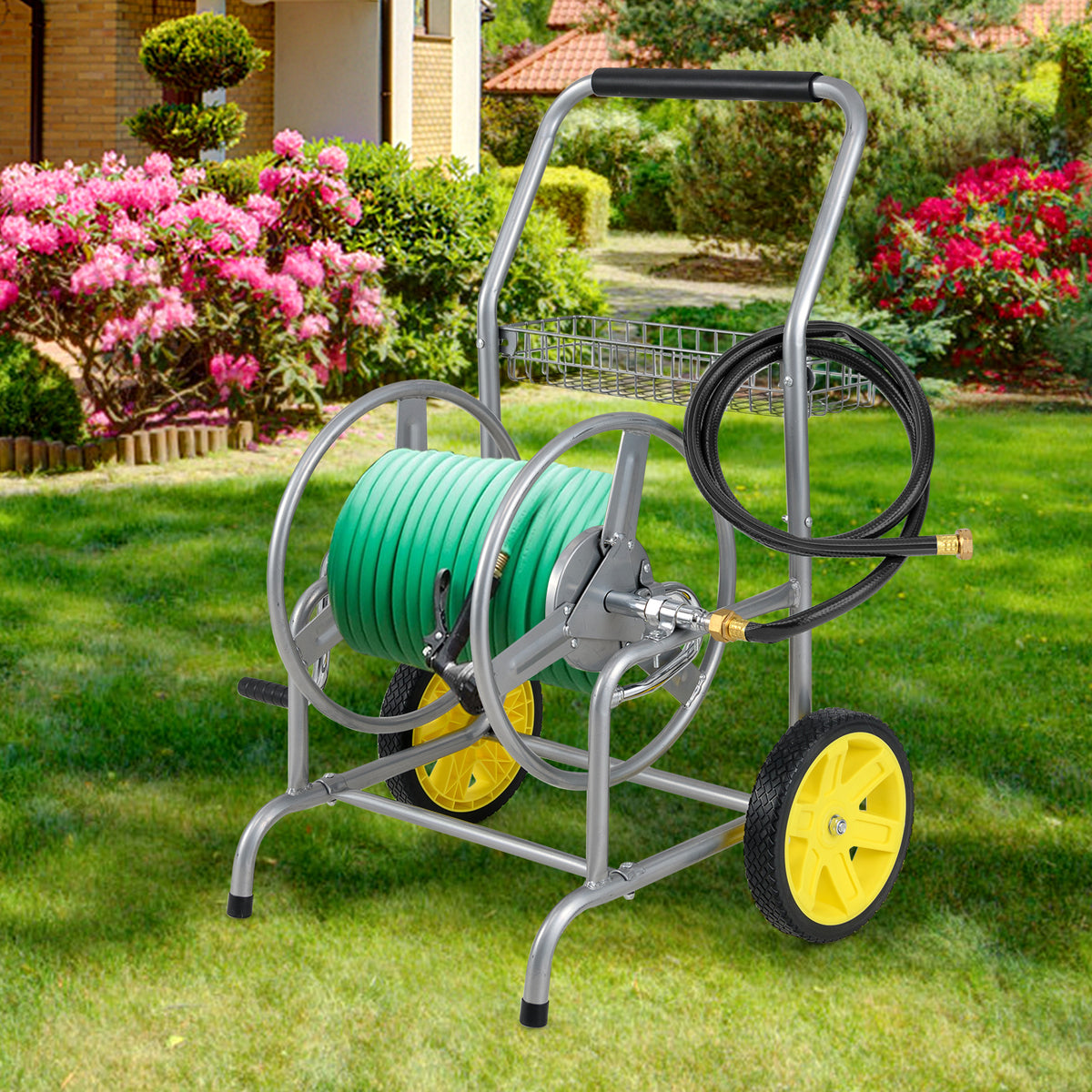 Garden Hose Reel Cart with 2 Wheels and Storage Basket-Silver