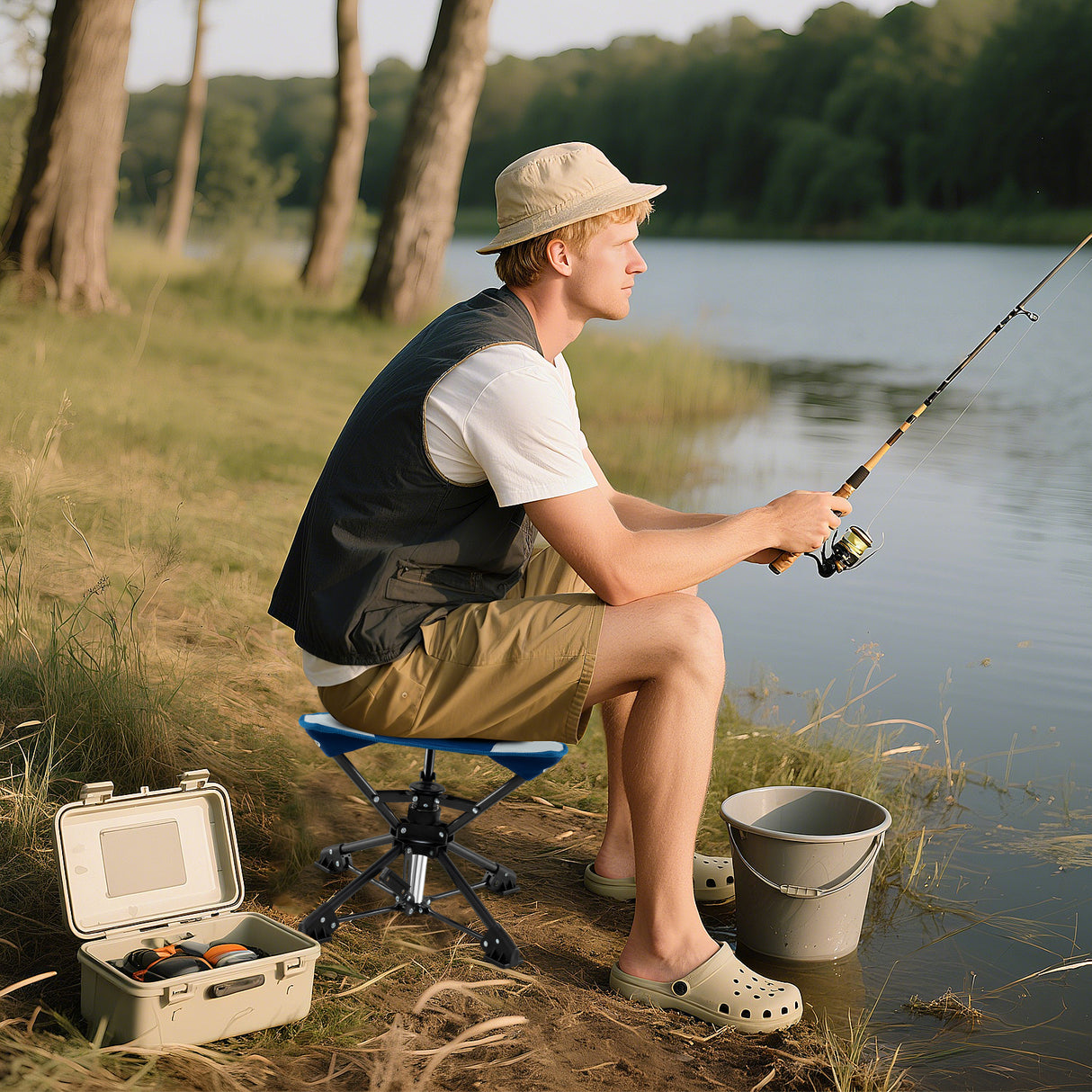 Folding Camping Stool 360 ° Swivel Hunting Chair with Anti-Sink Feet-Blue