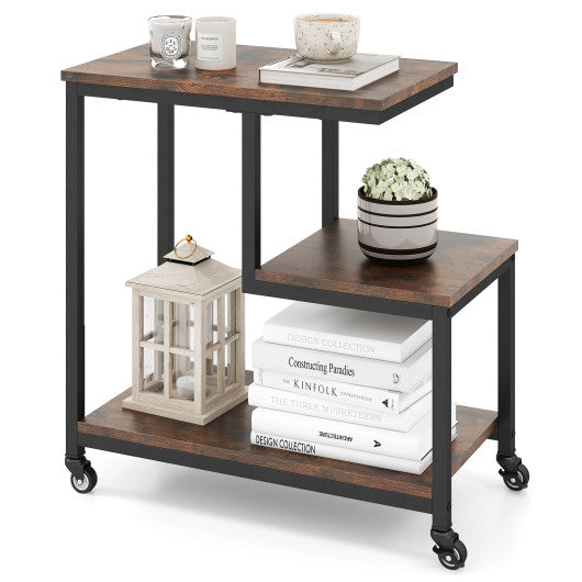 G-shaped Side Table 3-Tier Mobile End Table with Open Shelves-Rustic Brown