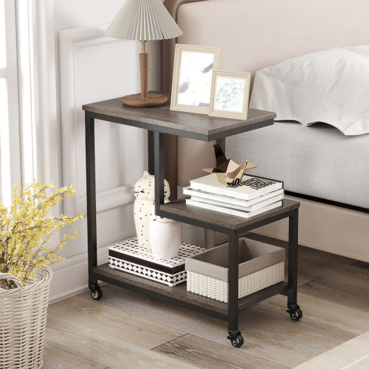 G-shaped Side Table 3-Tier Mobile End Table with Open Shelves-Gray