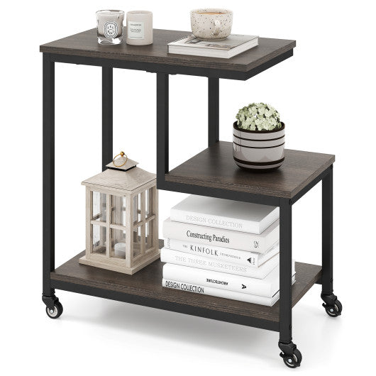 G-shaped Side Table 3-Tier Mobile End Table with Open Shelves-Gray