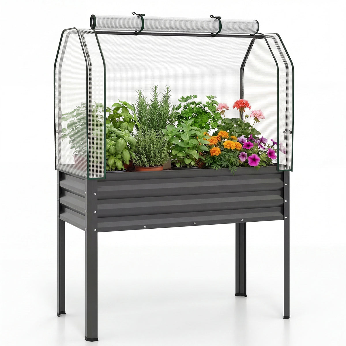 Galvanized Raised Garden Bed with Legs and Greenhouse Cover for Vegetable Flower-Gray