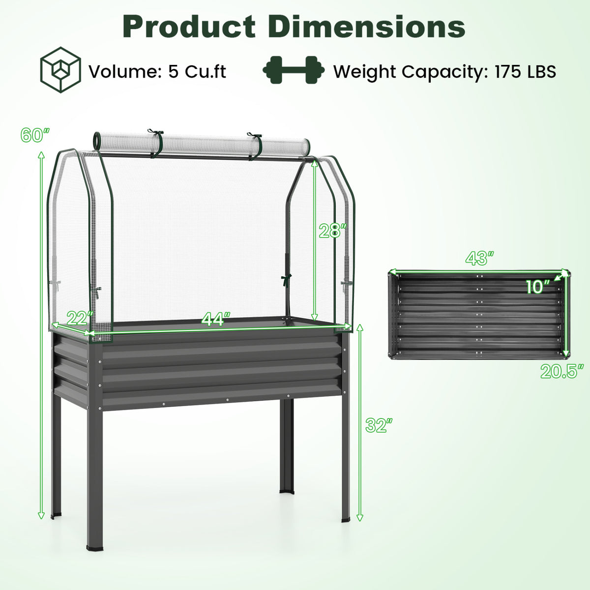 Galvanized Raised Garden Bed with Legs and Greenhouse Cover for Vegetable Flower-Gray
