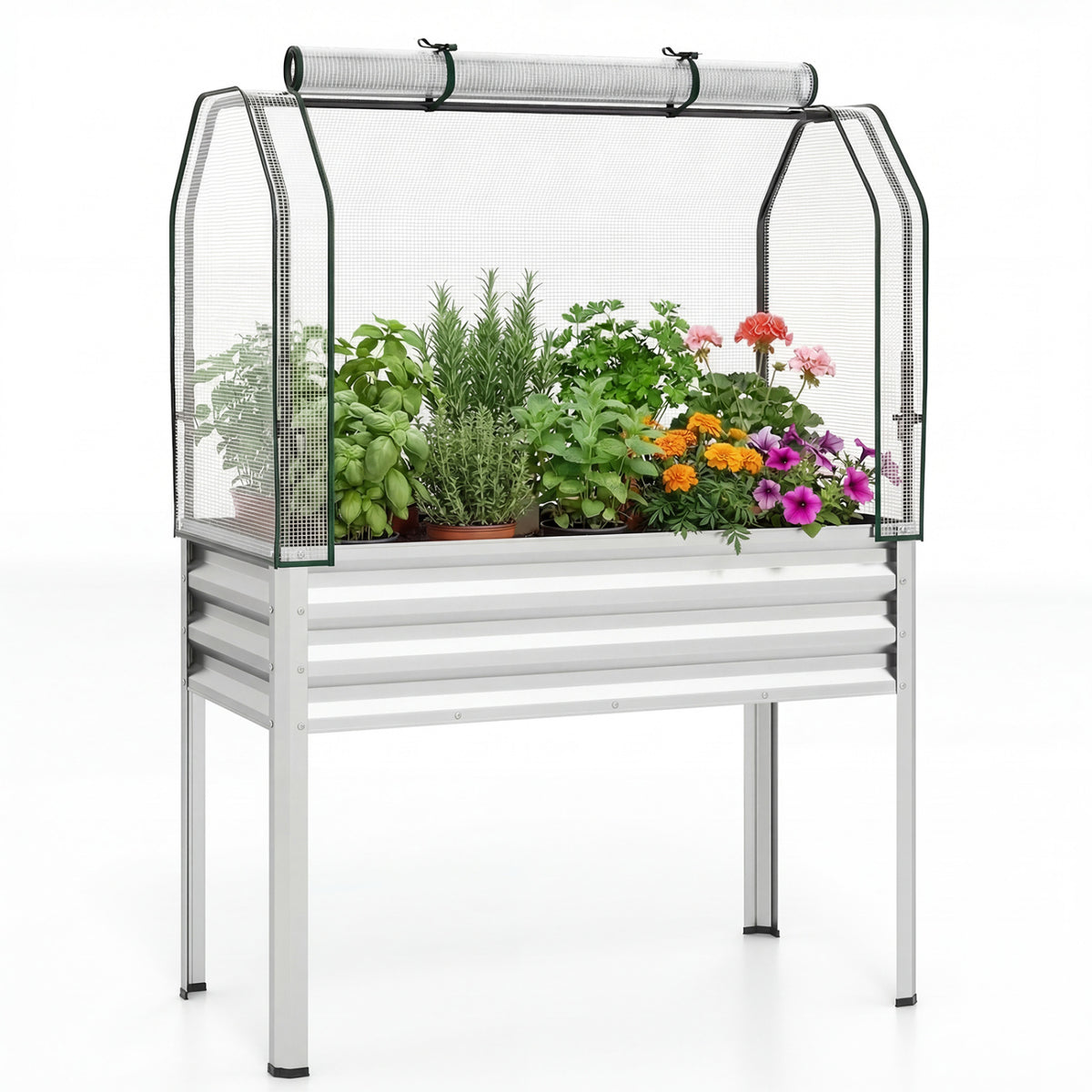 Galvanized Raised Garden Bed with Legs and Greenhouse Cover for Vegetable Flower-Silver