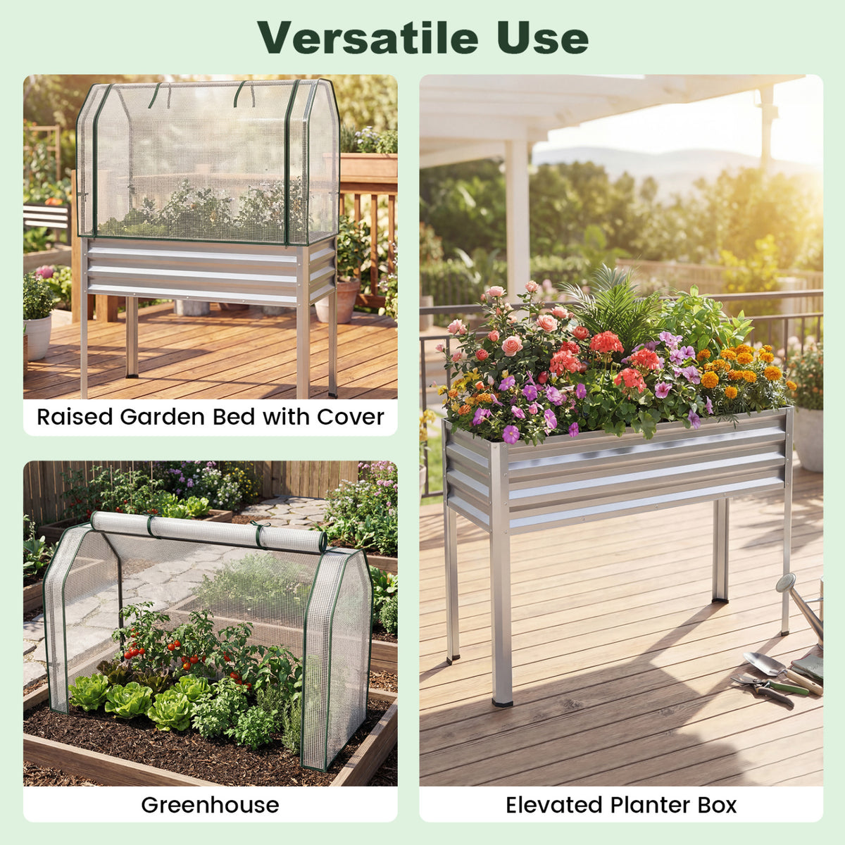 Galvanized Raised Garden Bed with Legs and Greenhouse Cover for Vegetable Flower-Silver