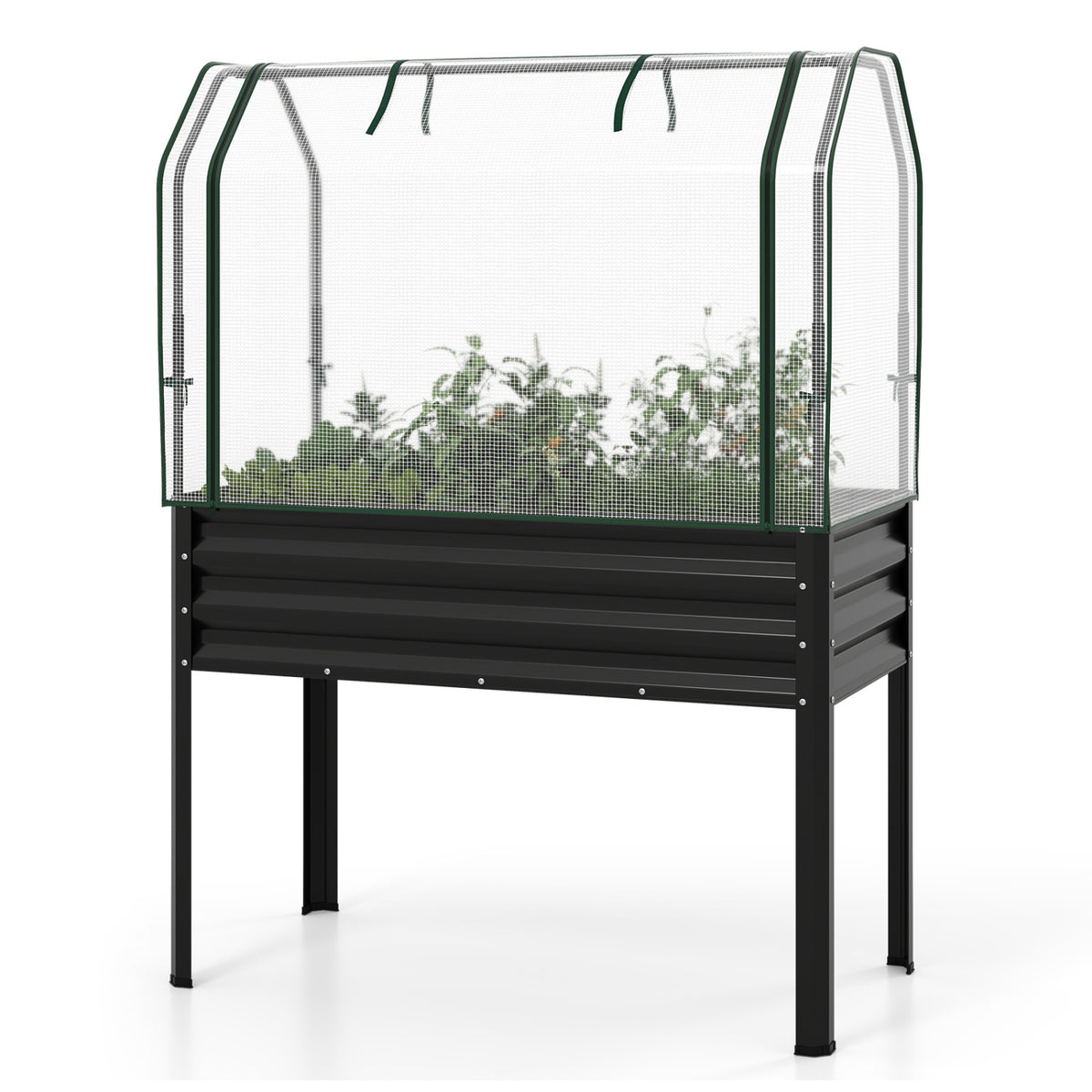 Galvanized Raised Garden Bed with Legs and Greenhouse Cover for Vegetable Flower-Black
