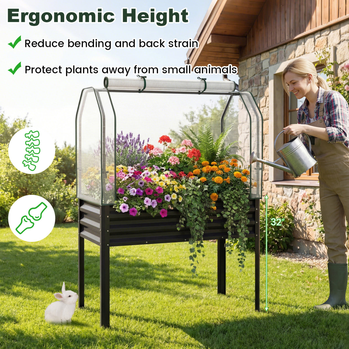 Galvanized Raised Garden Bed with Legs and Greenhouse Cover for Vegetable Flower-Black