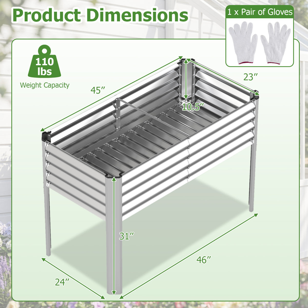 Galvanized Raised Garden Bed with Legs 46" x 24" x 31" Metal Elevated Planter Box-Silver