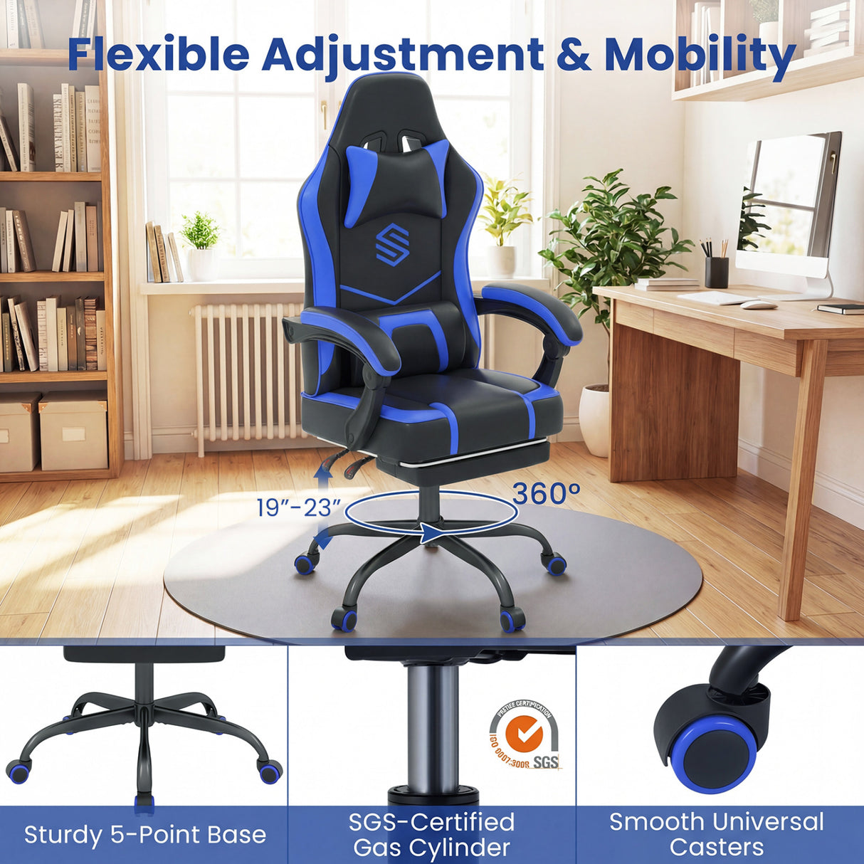 Gaming Chair Height Adjustable Computer Chair with Headrest Ergonomic Office Task Chair-Navy