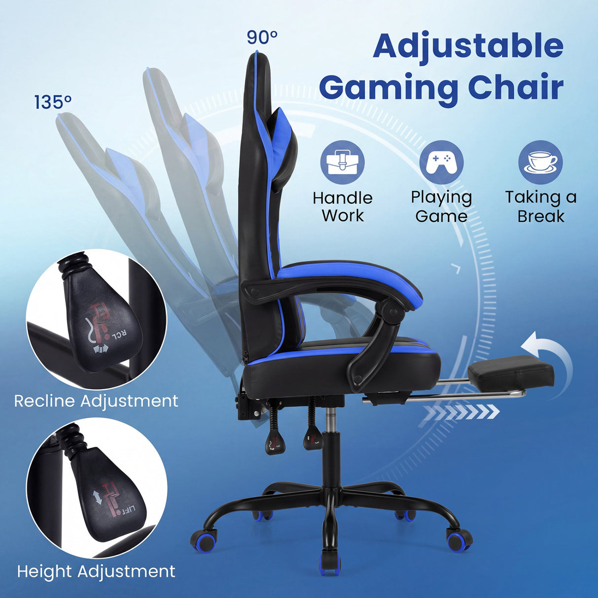 Gaming Chair Height Adjustable Computer Chair with Headrest Ergonomic Office Task Chair-Navy