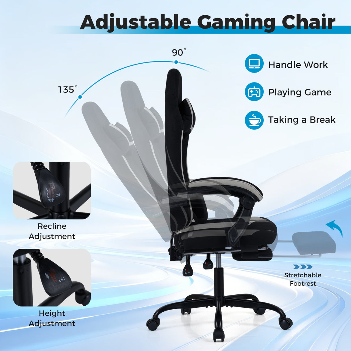 Gaming Chair Height Adjustable Computer Chair with Headrest Footrest & 360 ° Swivel Seat-Black