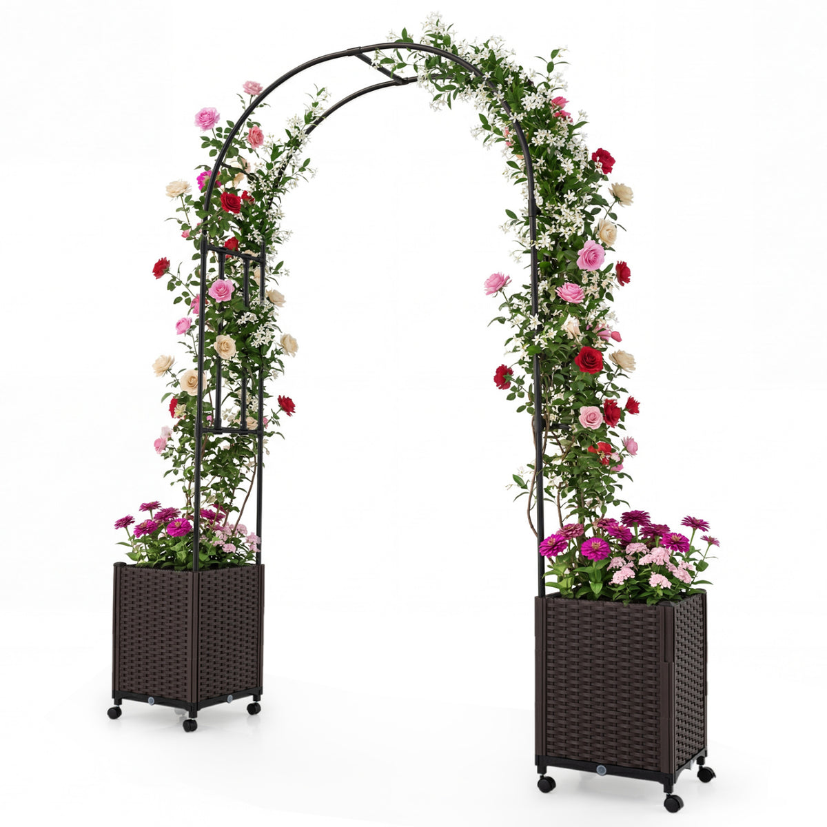 Garden Arch Trellis with 2 Self-watering Planter Boxes for Party Yard Lawn-Black