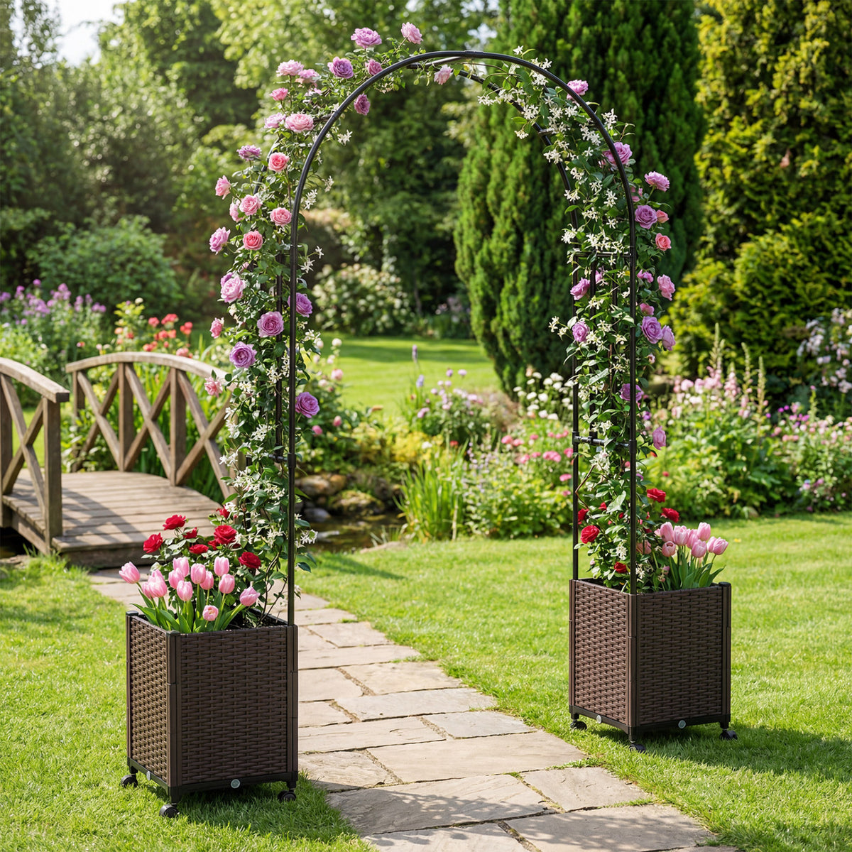 Garden Arch Trellis with 2 Self-watering Planter Boxes for Party Yard Lawn-Black
