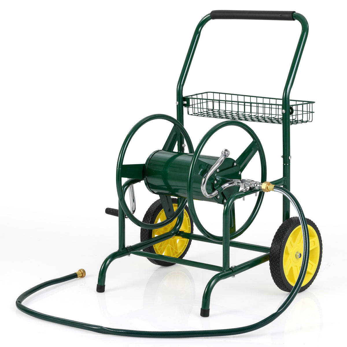 Garden Hose Reel Cart with 2 Wheels and Storage Basket-Green