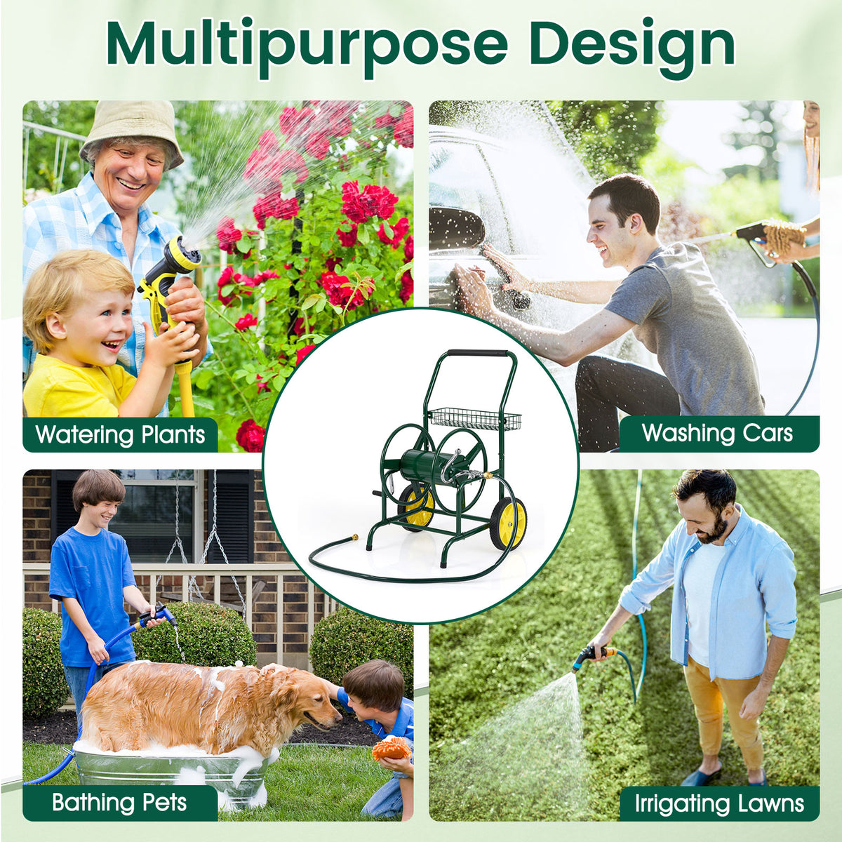 Garden Hose Reel Cart with 2 Wheels and Storage Basket-Green