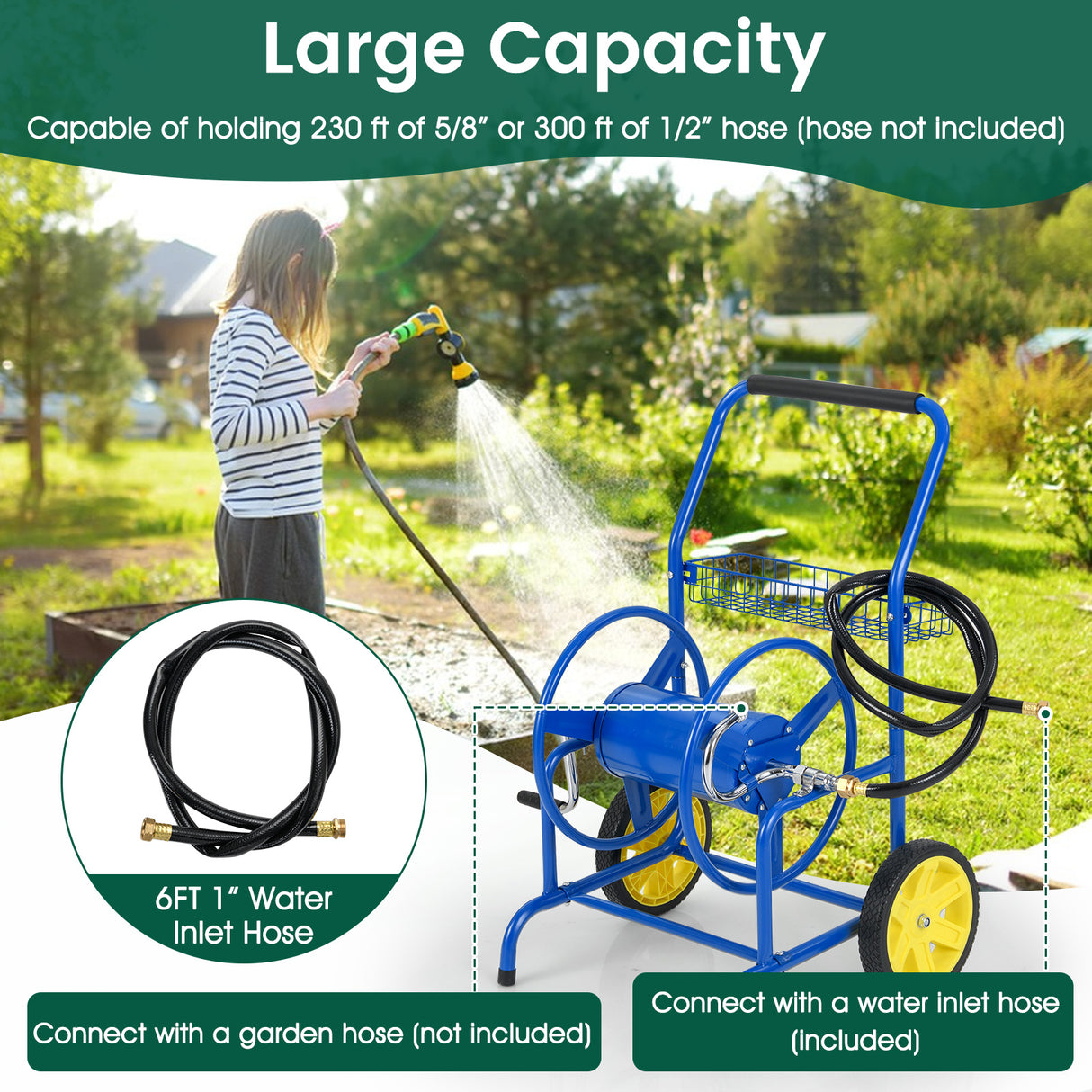 Garden Hose Reel Cart with 2 Wheels and Storage Basket-Blue