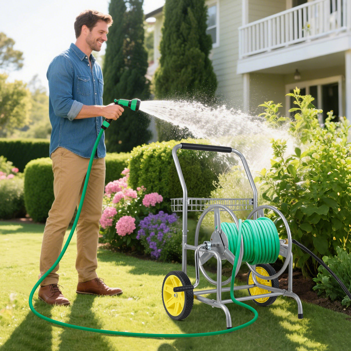 Garden Hose Reel Cart with 2 Wheels and Storage Basket-Silver