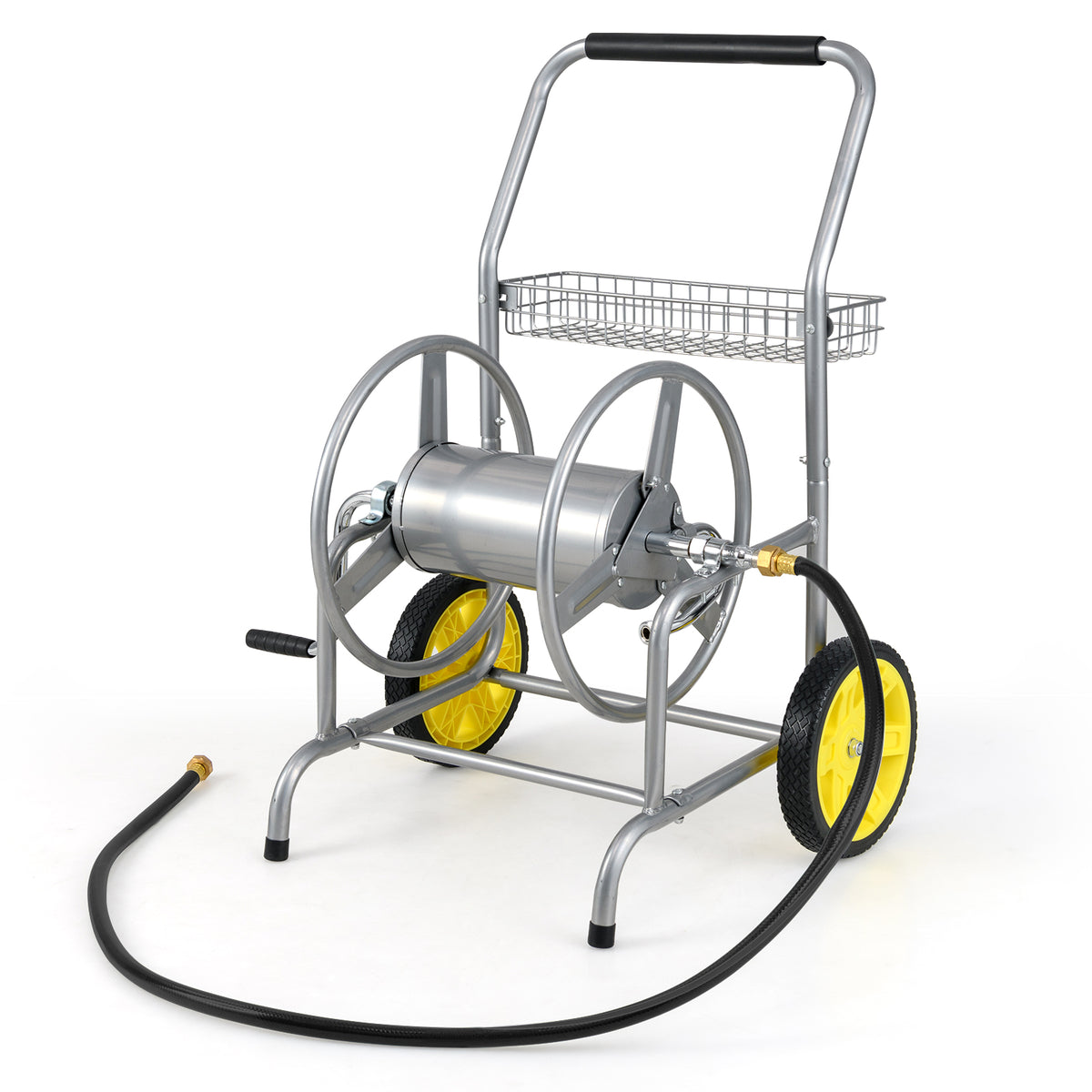 Garden Hose Reel Cart with 2 Wheels and Storage Basket-Silver