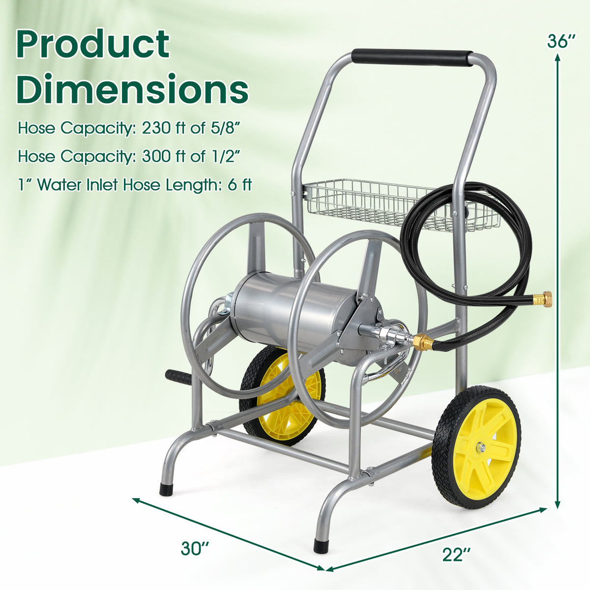 Garden Hose Reel Cart with 2 Wheels and Storage Basket-Silver